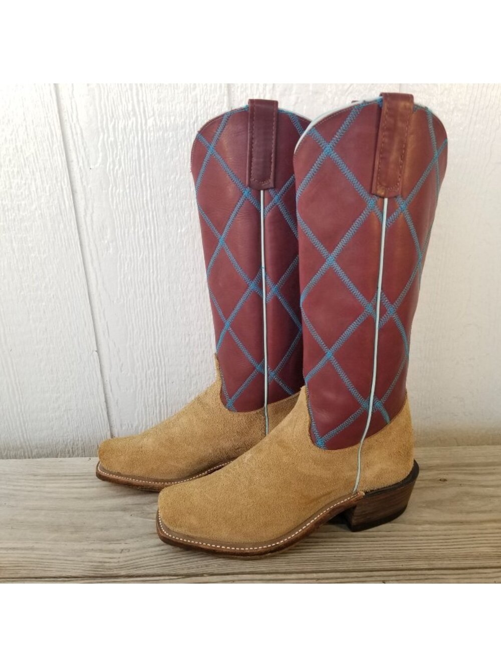 Olathe Tall Top 16 Mens Burgundy Blue Diamond Stitch Cowboy Boot 8 D 257442 USA